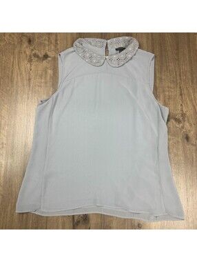 Ann Taylor Geometric Collar Sleeveless Blouse Button Front Blue Gray Size:L